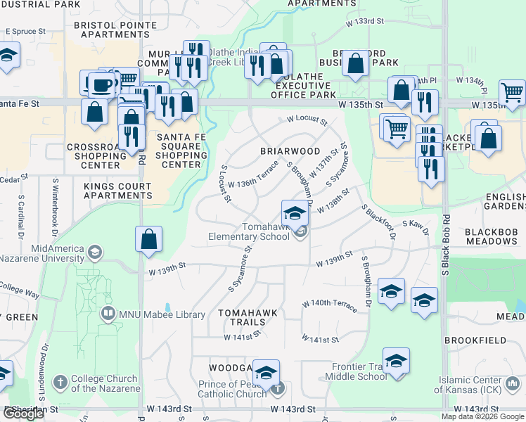 map of restaurants, bars, coffee shops, grocery stores, and more near 13650 South Sycamore Street in Olathe