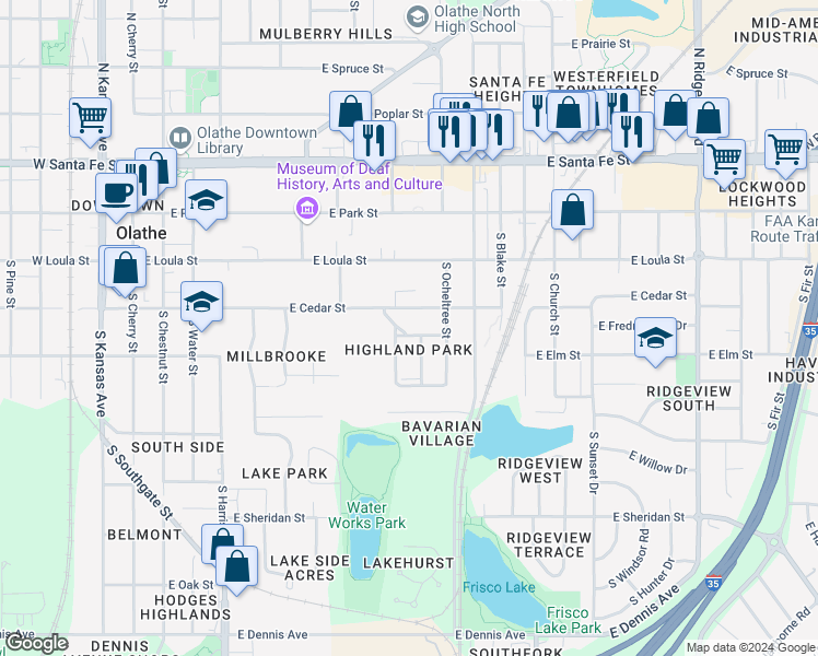 map of restaurants, bars, coffee shops, grocery stores, and more near 500 East Glendale Street in Olathe