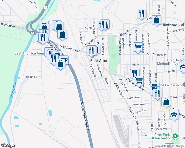 map of restaurants, bars, coffee shops, grocery stores, and more near 174 Goulding Street in East Alton