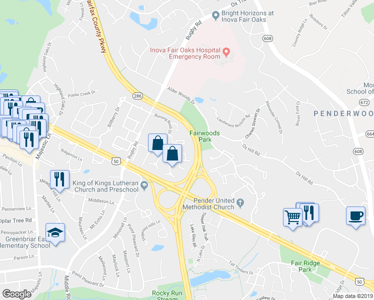 map of restaurants, bars, coffee shops, grocery stores, and more near 3861 Zelkova Court in Fairfax