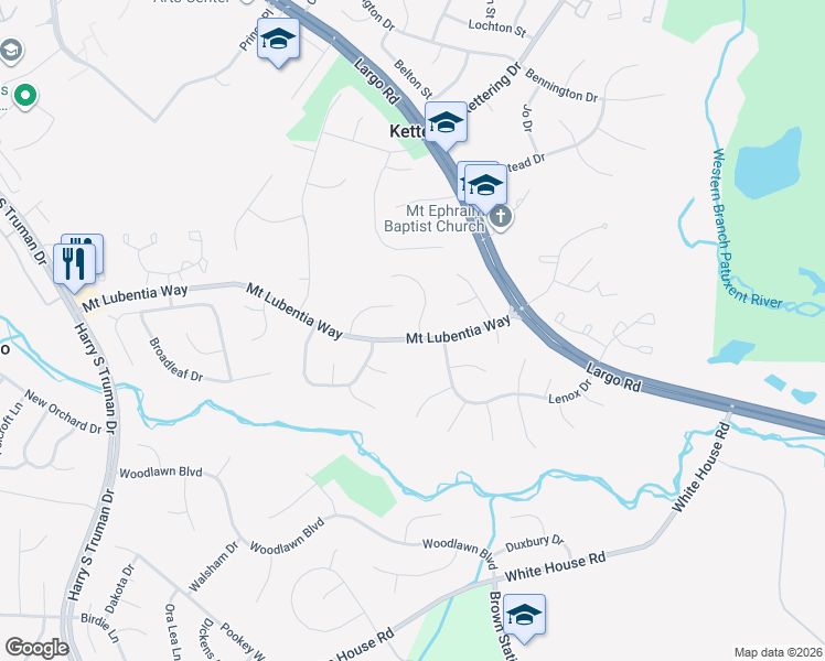 map of restaurants, bars, coffee shops, grocery stores, and more near 729 Haack Place in Upper Marlboro