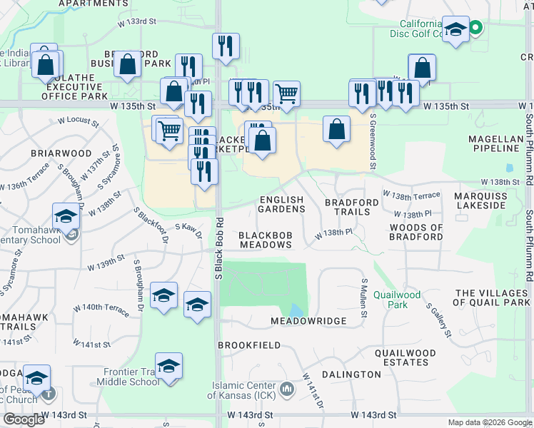 map of restaurants, bars, coffee shops, grocery stores, and more near 601 Darnell Street in Olathe