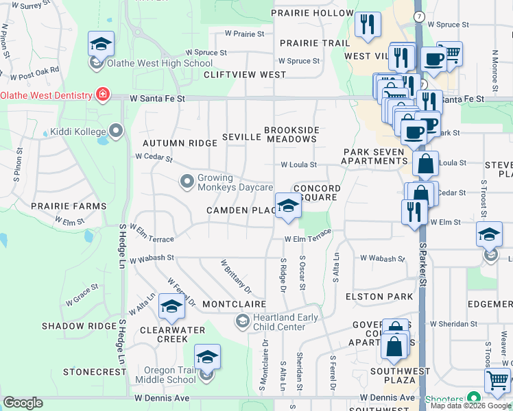 map of restaurants, bars, coffee shops, grocery stores, and more near 218 South Brittany Drive in Olathe