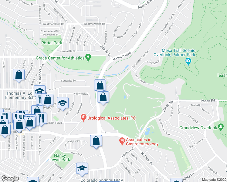 map of restaurants, bars, coffee shops, grocery stores, and more near 3271 Templeton Gap Road in Colorado Springs