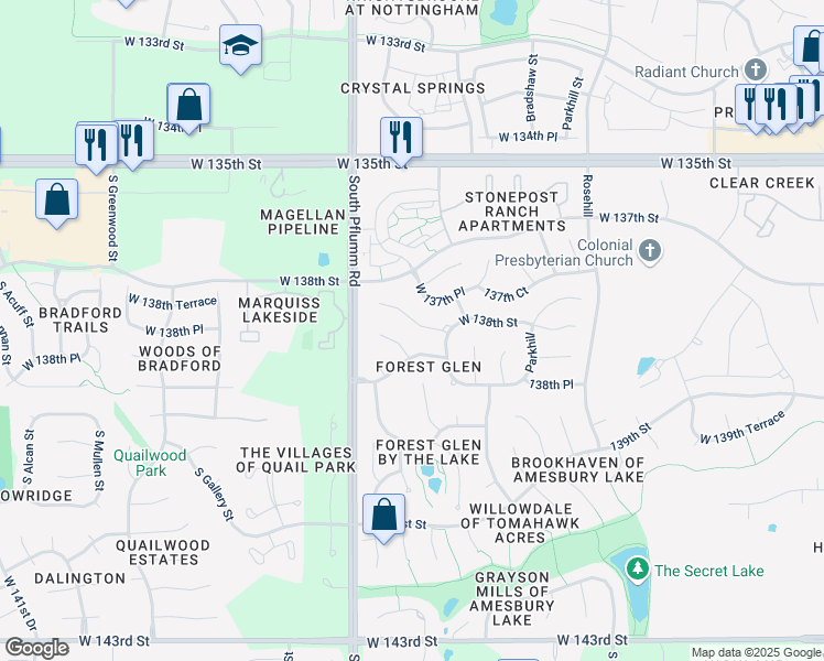 map of restaurants, bars, coffee shops, grocery stores, and more near 13317 West 138th Street in Overland Park
