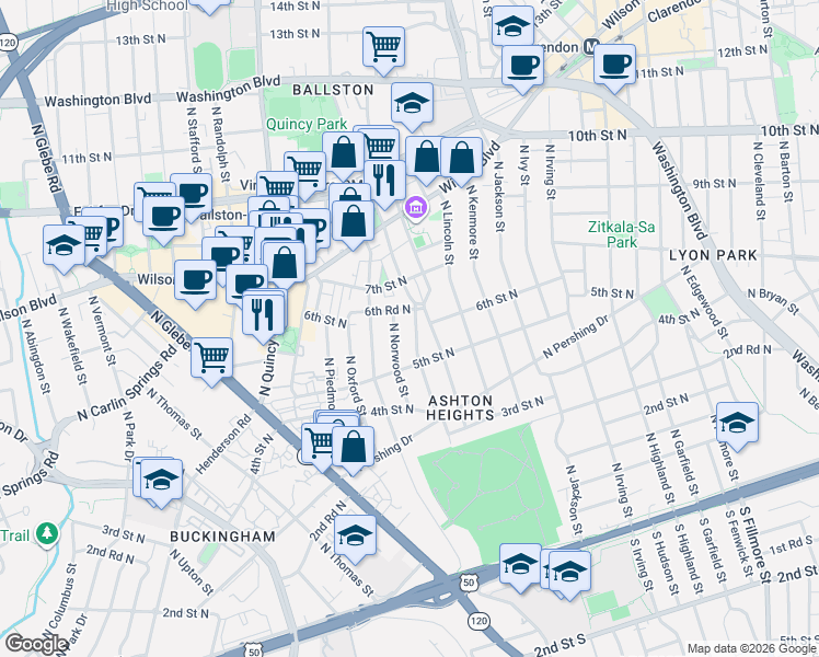 map of restaurants, bars, coffee shops, grocery stores, and more near 530 North Nelson Street in Arlington