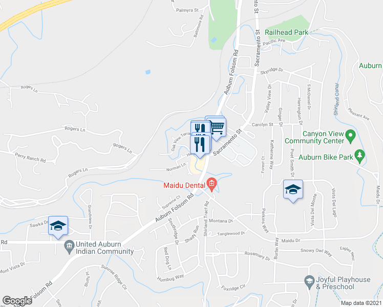 map of restaurants, bars, coffee shops, grocery stores, and more near 12111 Herdal Drive in Auburn