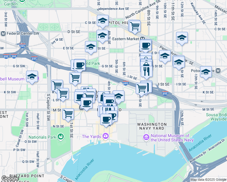 map of restaurants, bars, coffee shops, grocery stores, and more near 416 K Street Southeast in Washington