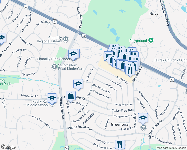 map of restaurants, bars, coffee shops, grocery stores, and more near 4110 Plaza Lane in Fairfax