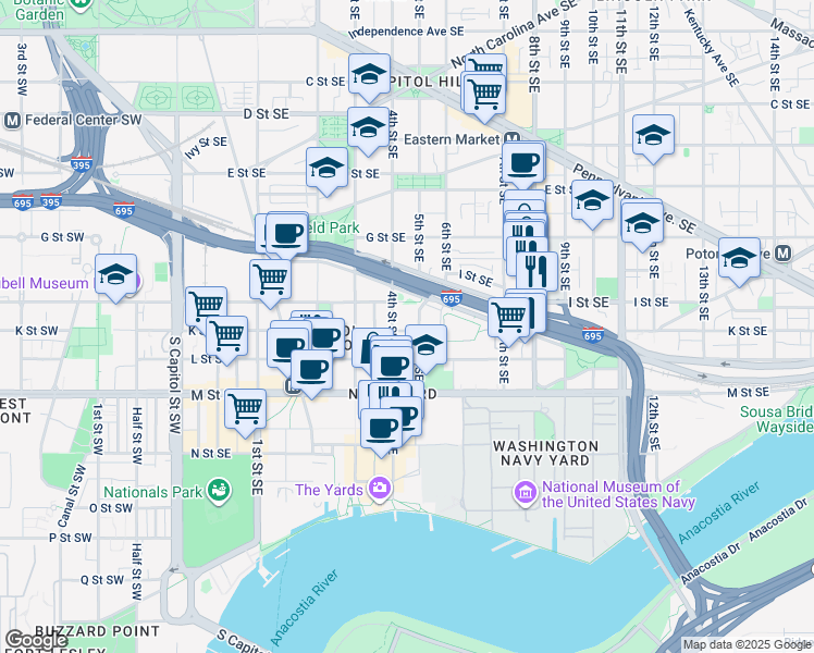 map of restaurants, bars, coffee shops, grocery stores, and more near 414 K Street Southeast in Washington