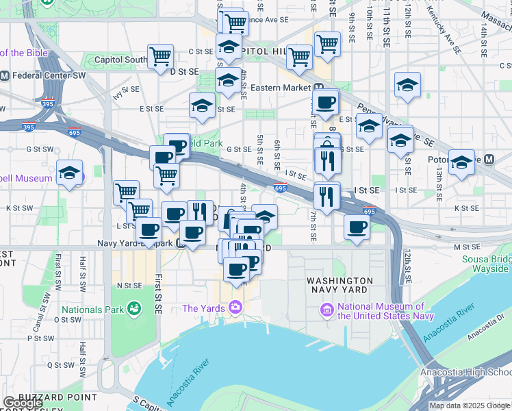 map of restaurants, bars, coffee shops, grocery stores, and more near 933 5th Street Southeast in Washington