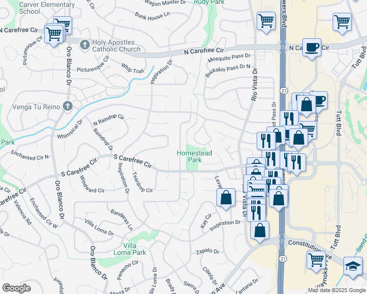 map of restaurants, bars, coffee shops, grocery stores, and more near 5615 Escapardo Way in Colorado Springs