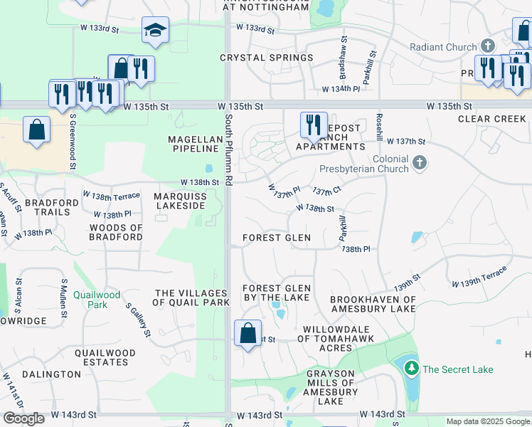 map of restaurants, bars, coffee shops, grocery stores, and more near 13317 West 138th Street in Overland Park