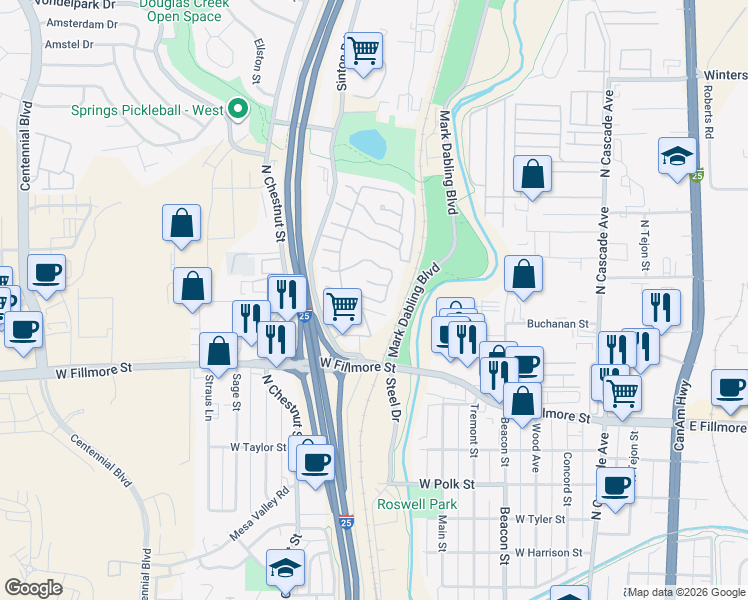 map of restaurants, bars, coffee shops, grocery stores, and more near 32-41 A St in Colorado Springs