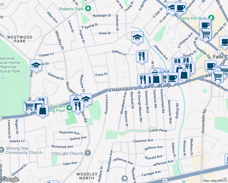 map of restaurants, bars, coffee shops, grocery stores, and more near 7267 U.S. 29 in Falls Church