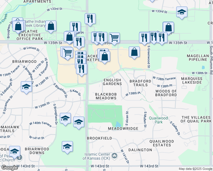 map of restaurants, bars, coffee shops, grocery stores, and more near 601 Darnell Street in Olathe