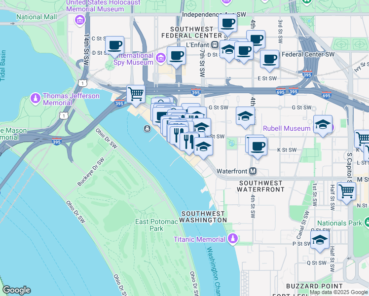 map of restaurants, bars, coffee shops, grocery stores, and more near 965 7th Street Southwest in Washington