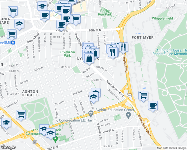 map of restaurants, bars, coffee shops, grocery stores, and more near 2616 3rd Street North in Arlington