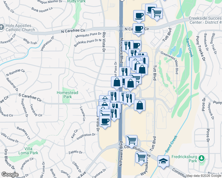 map of restaurants, bars, coffee shops, grocery stores, and more near 6264 Gunshot Pass Drive in Colorado Springs