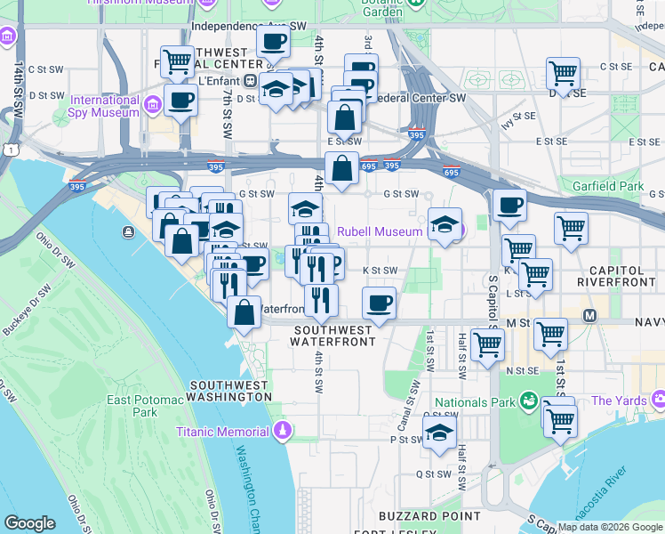 map of restaurants, bars, coffee shops, grocery stores, and more near 101 Independence Avenue Southeast in Washington