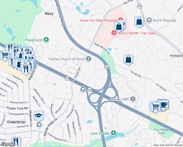 map of restaurants, bars, coffee shops, grocery stores, and more near 3916 Tallow Tree Court in Fairfax