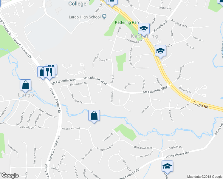 map of restaurants, bars, coffee shops, grocery stores, and more near 801 Falcon Drive in Upper Marlboro