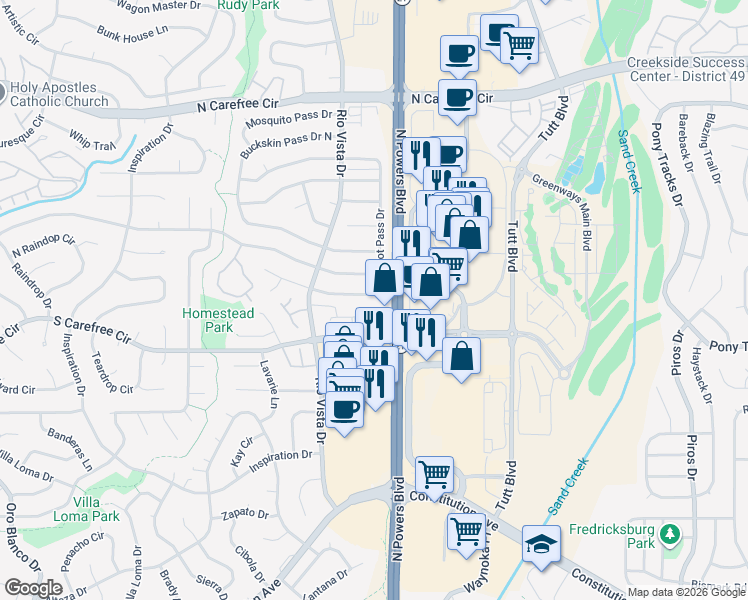 map of restaurants, bars, coffee shops, grocery stores, and more near 6264 Gunshot Pass Drive in Colorado Springs
