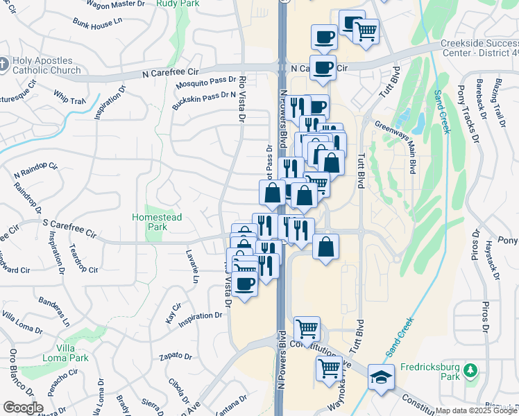 map of restaurants, bars, coffee shops, grocery stores, and more near 6282 Gunshot Pass Drive in Colorado Springs