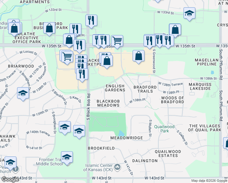 map of restaurants, bars, coffee shops, grocery stores, and more near 601 Darnell Street in Olathe