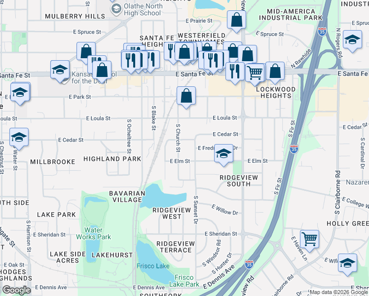 map of restaurants, bars, coffee shops, grocery stores, and more near 307 South Church Street in Olathe