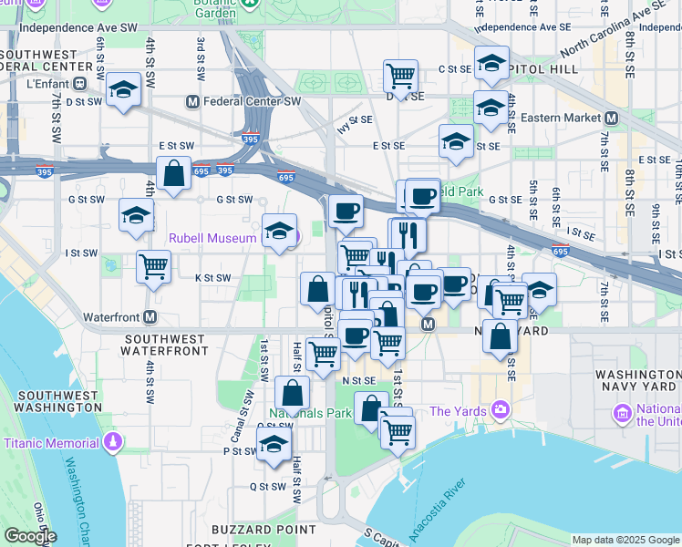 map of restaurants, bars, coffee shops, grocery stores, and more near 10 K Street Southeast in Washington