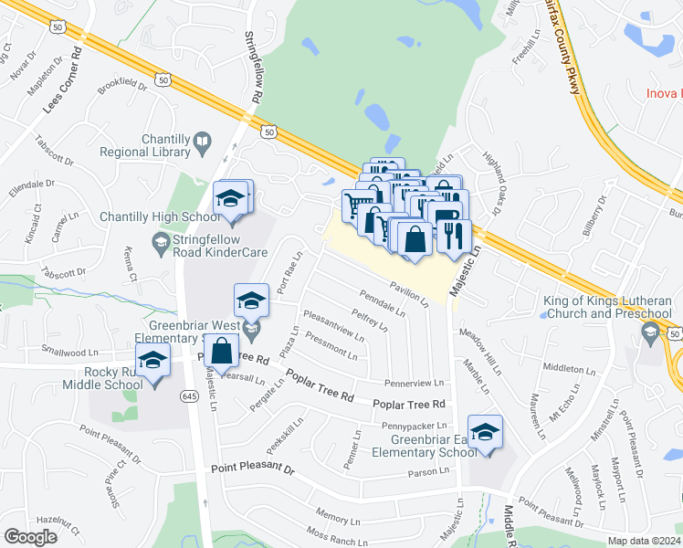 map of restaurants, bars, coffee shops, grocery stores, and more near 13144 Penndale Lane in Fairfax