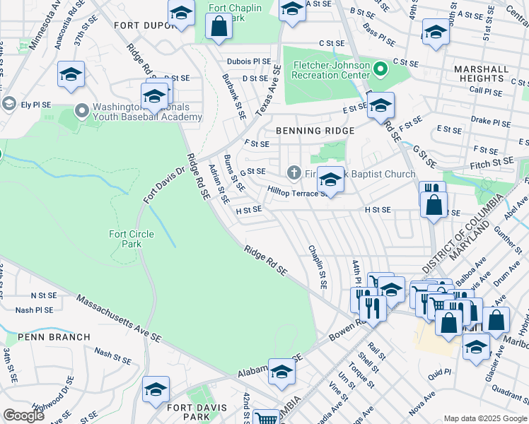 map of restaurants, bars, coffee shops, grocery stores, and more near 825 Burns Street Southeast in Washington