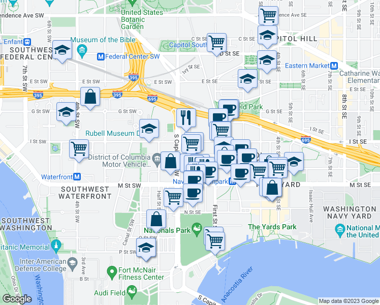 map of restaurants, bars, coffee shops, grocery stores, and more near 28 K Street Southeast in Washington