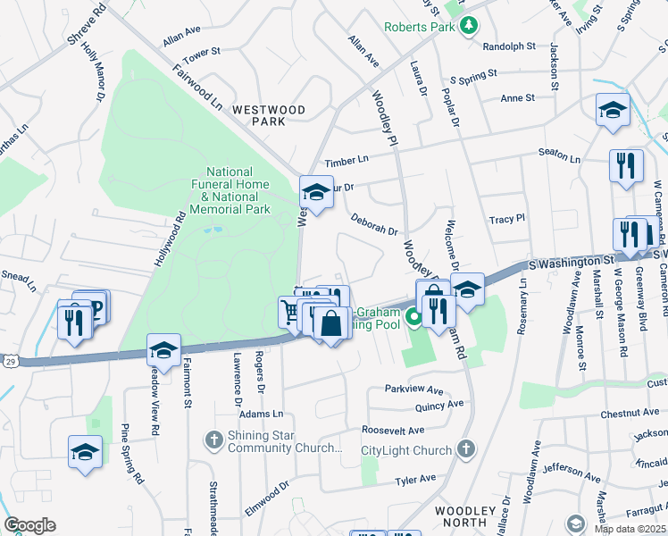 map of restaurants, bars, coffee shops, grocery stores, and more near 2802 Lee Oaks Place in Falls Church
