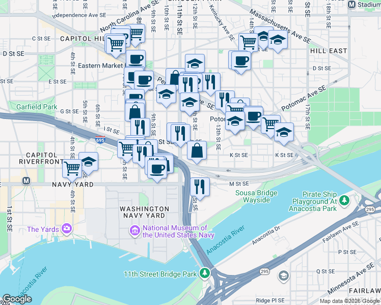 map of restaurants, bars, coffee shops, grocery stores, and more near 101 Independence Avenue Southeast in Washington