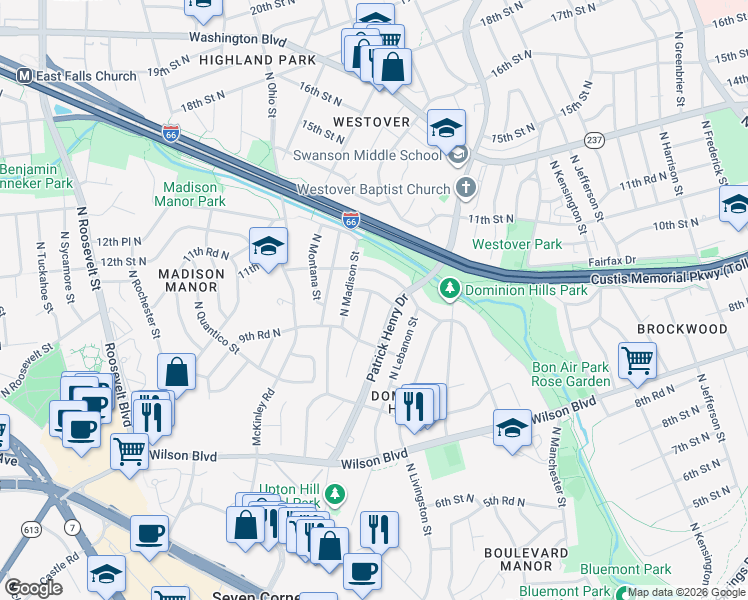 map of restaurants, bars, coffee shops, grocery stores, and more near 981 North Longfellow Street in Arlington