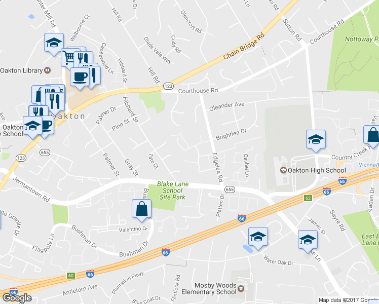 map of restaurants, bars, coffee shops, grocery stores, and more near 10001 Leamoore Lane in Vienna