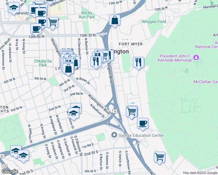 map of restaurants, bars, coffee shops, grocery stores, and more near 2200 2nd Street North in Arlington