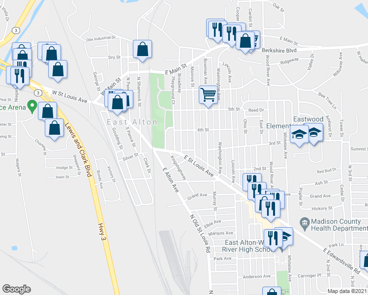 map of restaurants, bars, coffee shops, grocery stores, and more near 302 Broadway in East Alton