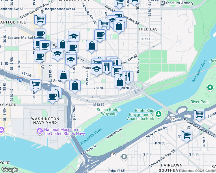 map of restaurants, bars, coffee shops, grocery stores, and more near 1402 K Street Southeast in Washington