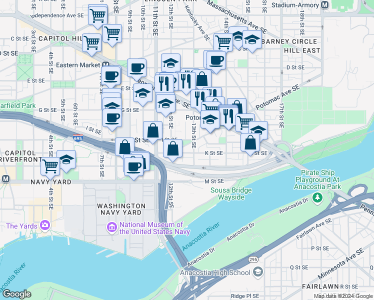 map of restaurants, bars, coffee shops, grocery stores, and more near 1211 Potomac Avenue Southeast in Washington