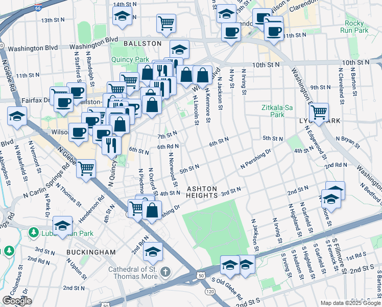 map of restaurants, bars, coffee shops, grocery stores, and more near 525 North Monroe Street in Arlington