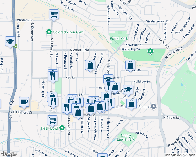 map of restaurants, bars, coffee shops, grocery stores, and more near 1203 4th Street in Colorado Springs
