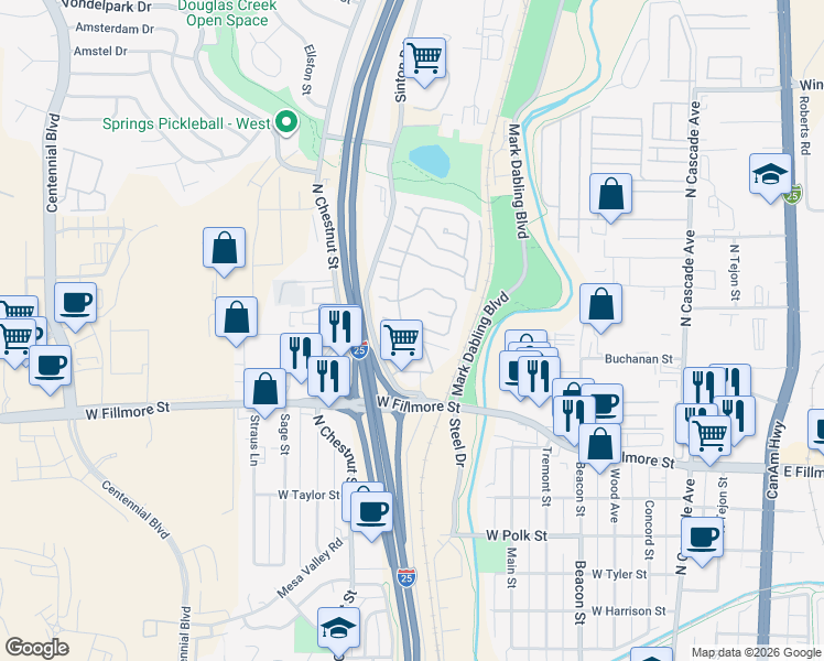map of restaurants, bars, coffee shops, grocery stores, and more near 3125 Sinton Road in Colorado Springs