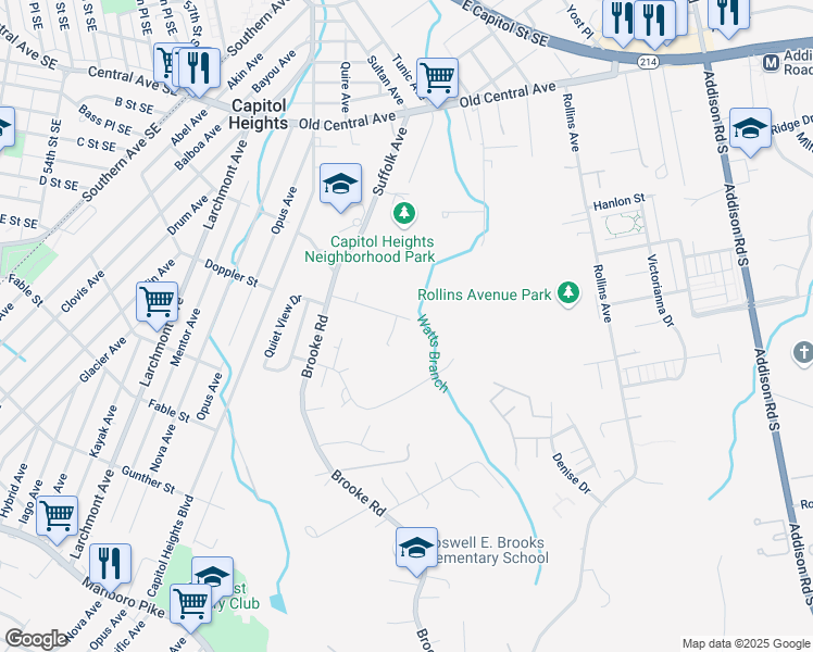 map of restaurants, bars, coffee shops, grocery stores, and more near 5603 Highmount Lane in Capitol Heights