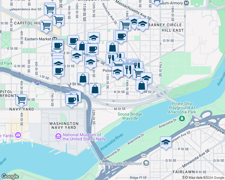 map of restaurants, bars, coffee shops, grocery stores, and more near 101 Independence Avenue Southeast in Washington