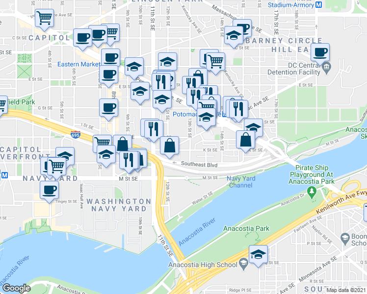 map of restaurants, bars, coffee shops, grocery stores, and more near 101 Independence Avenue Southeast in Washington