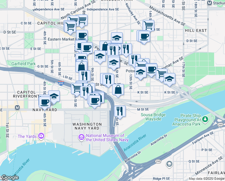 map of restaurants, bars, coffee shops, grocery stores, and more near 101 Independence Avenue Southeast in Washington