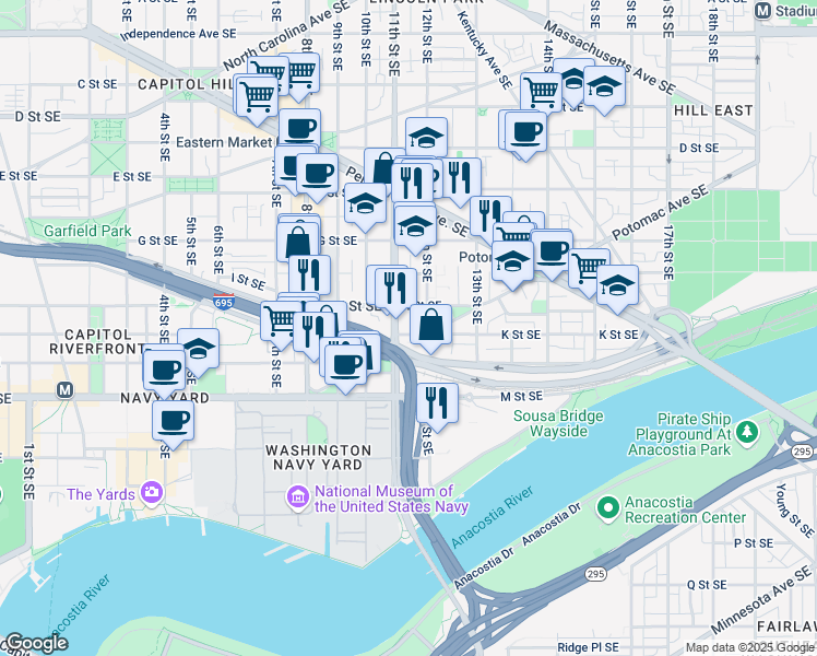 map of restaurants, bars, coffee shops, grocery stores, and more near 101 Independence Avenue Southeast in Washington